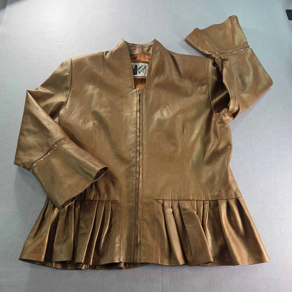Venee New York Metallic Bronze Leather Peplum Jacket Rhinestone Bell Sleeve